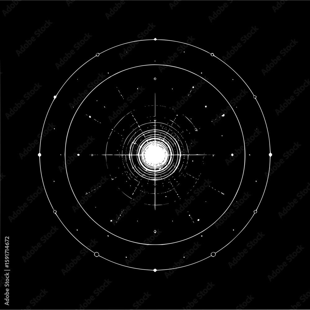 Aufkleber abstract white concentric circles and radial lines on a black background with dots and small circles