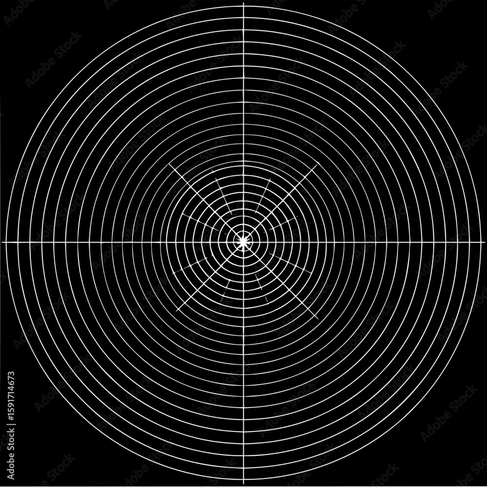 Poster concentric white circles radiating from a central point with intersecting lines on a black backgroun