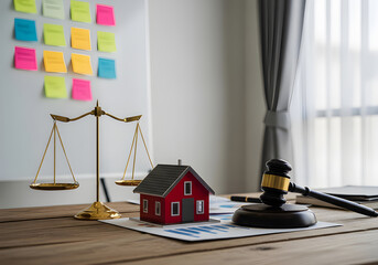 A wooden desk with a toy house, a balance scale, a gavel, and a clipboard, complemented by a whiteboard covered in colorful sticky notes.