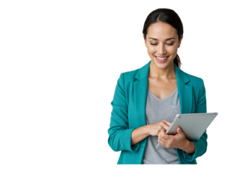 Smiling businesswoman in a teal jacket holding and using a tablet computer isolated on transparent background