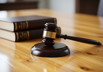 A wooden gavel and striking block on a polished table, with two stacked law books in the background.