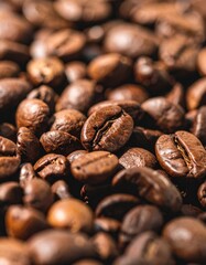 Close-up image of roasted coffee beans showing rich brown tones and textured surfaces.