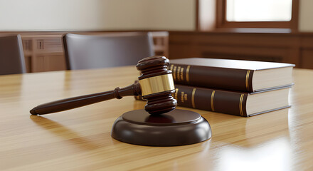 A wooden gavel rests on a sound block beside two stacked law books on a polished table in a courtroom setting.