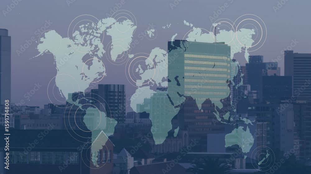 Aufkleber viewing city skyline at dusk, fading world map animating pulsing circles connecting global regions