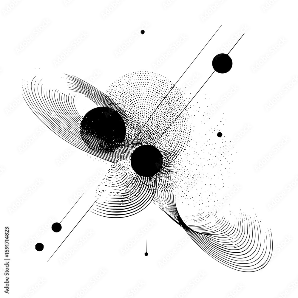 Poster abstract composition featuring black circles lines and dots on a white background creating a modern 
