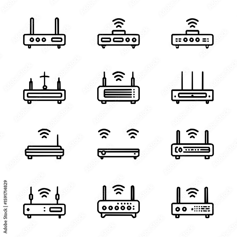 Poster illustration of multiple wifi routers with varying antenna configurations and indicator light arrang