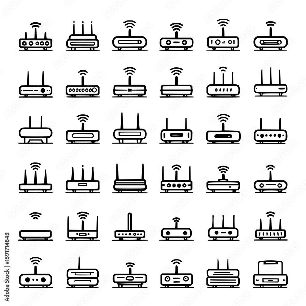 Poster collection of various router designs with different antenna configurations and indicator lights desi