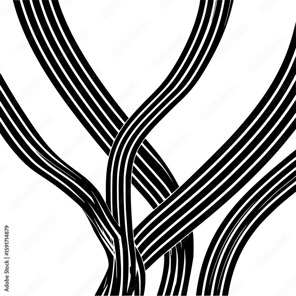Poster abstract illustration of multiple curved black and white striped lines intersecting and overlapping 