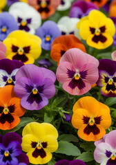 A vibrant array of pansies in various colors, including purple, yellow, orange, and pink, creating a lively floral display.