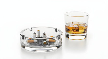 A glass ashtray with cigarette butts next to a tumbler filled with whiskey and ice on a white background.
