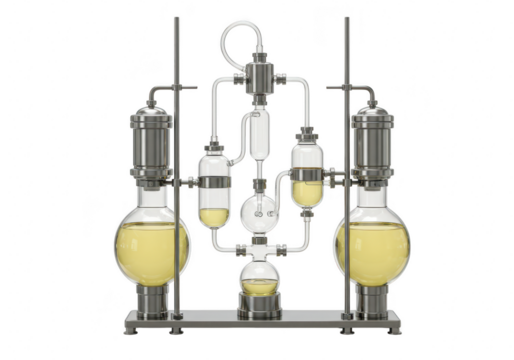 A complex glass distillation apparatus with yellow liquid in flasks, isolated on a transparent background