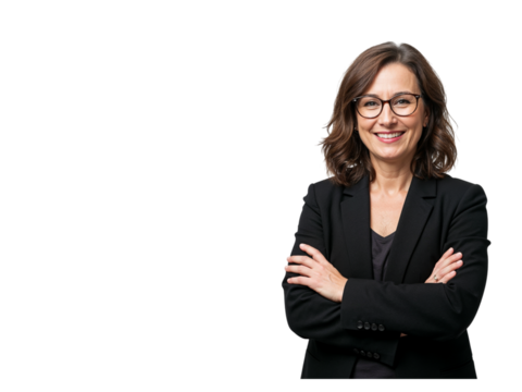 Confident businesswoman with glasses smiling and arms crossed in a professional black blazer isolated on transparent background