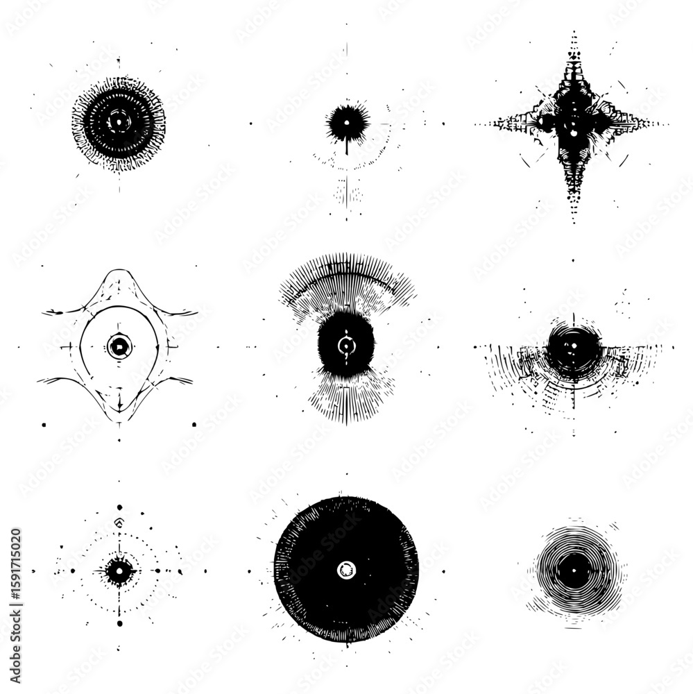 Poster collection of nine abstract black and white circular designs arranged in a square grid pattern art w