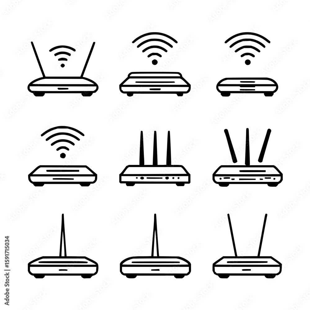 Poster collection of nine different router icons with varying antenna configurations and signal representat
