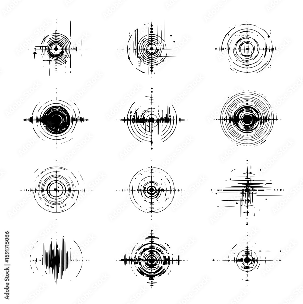 Poster collection of twelve abstract target designs with varying styles and distressed black and white text