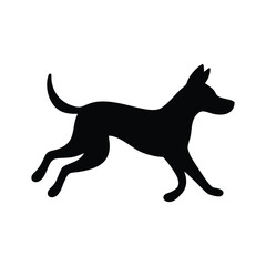 Black silhouette of a dog running with its tail up isolated on white background