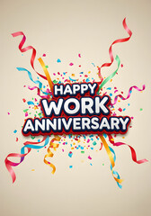 Colorful confetti and streamers surround the bold text "Happy Work Anniversary" against a light background.