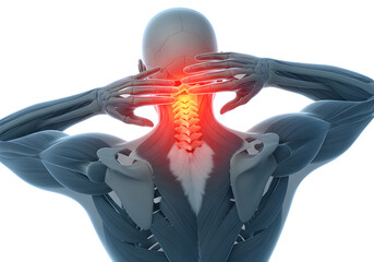 Anatomical illustration of a human figure holding its head, highlighting the neck and spine with red indicating pain or tension.