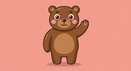 Obraz premium Adorable Cartoon Bear Waving Hello on Pink Background Friendly Illustration.