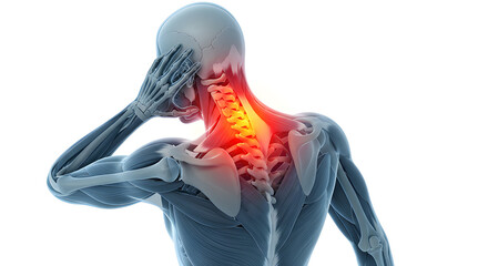 3D illustration of a person holding their head in pain, highlighting the cervical spine area with a red glow to indicate discomfort.