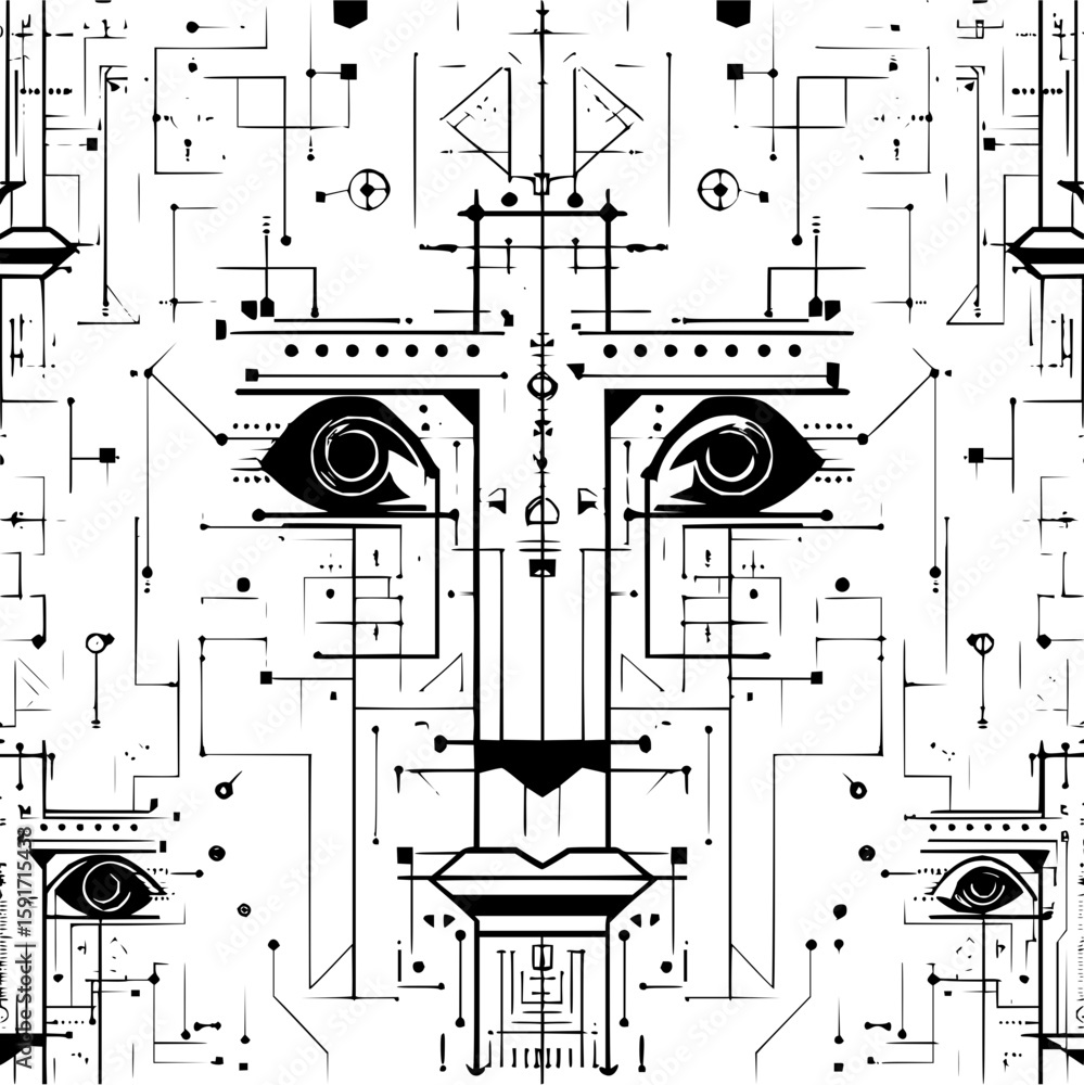 Poster abstract symmetrical face design with geometric shapes and circuit board patterns in black and white