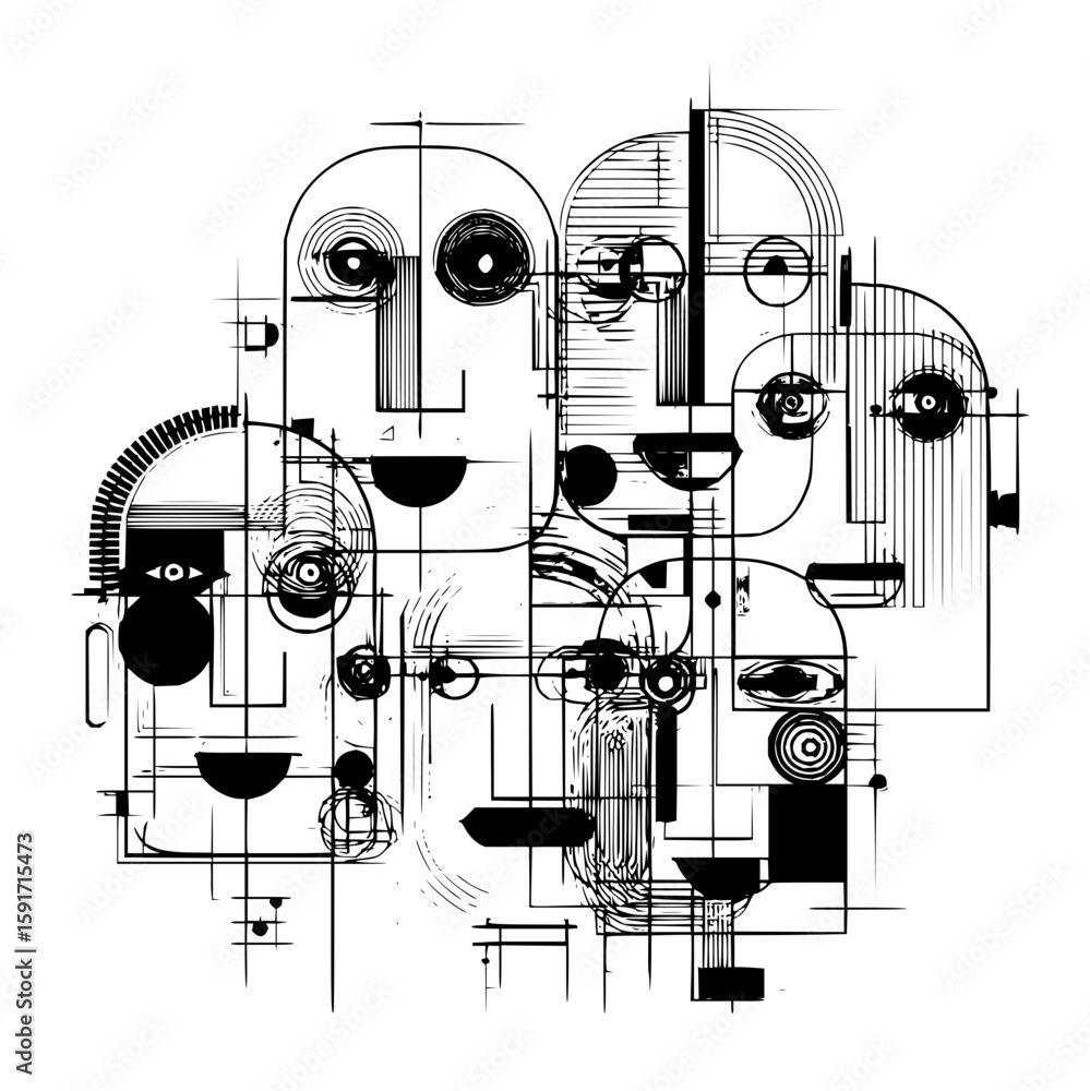 Poster abstract composition featuring multiple stylized faces constructed from geometric shapes and linewor