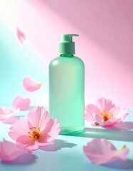 A green pump bottle surrounded by delicate pink flowers and petals, set against a soft pastel background with gentle lighting.