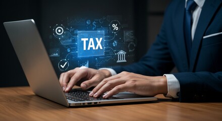 Businessman calculates taxes on laptop with digital financial icons overlay