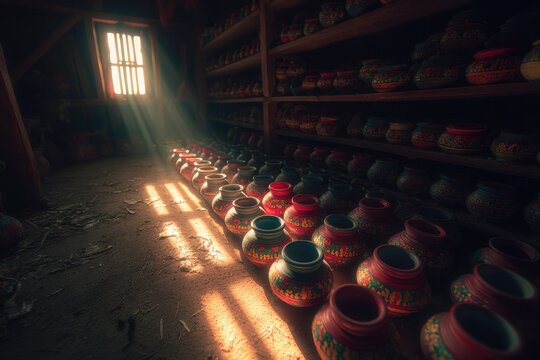 Sunlight streams into a dimly lit attic room filled with rows of colorful pottery jars - Powered by Adobe