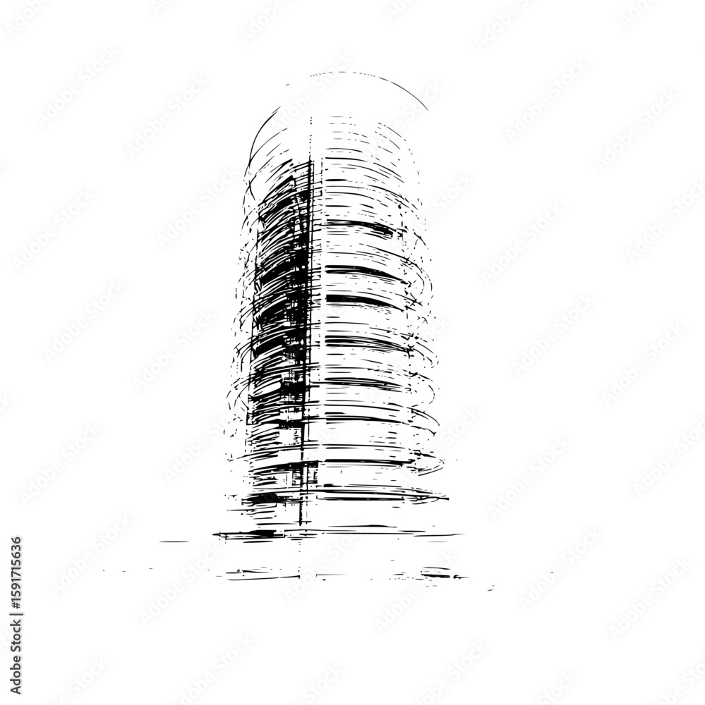 Poster abstract representation of a cylindrical building with horizontal lines and vertical accents visible