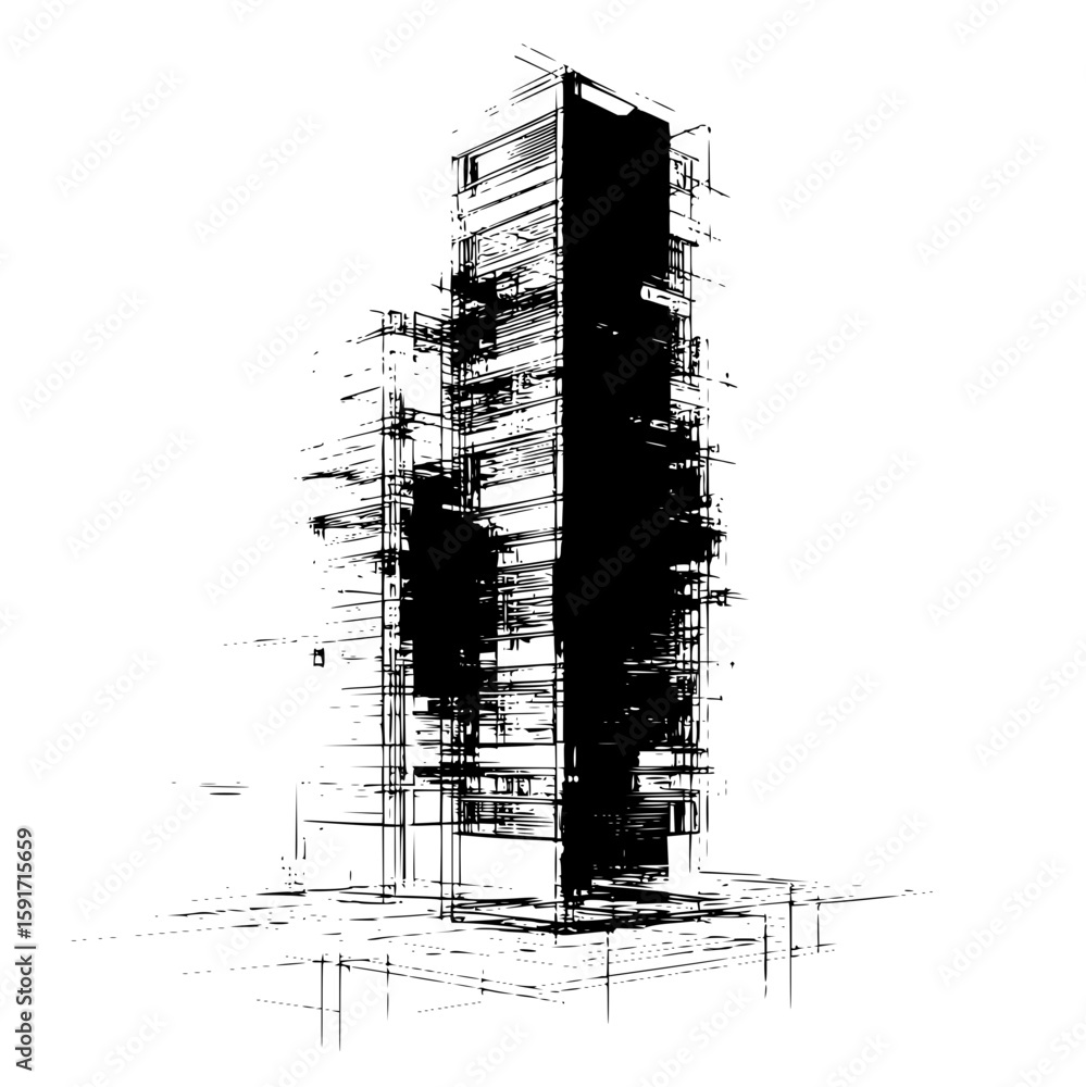 Poster architectural sketch of a tall building with a dark central section and linear details creating dept