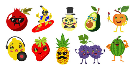 Cute set of funny cartoon fruit characters with human faces and attributes healthy food concept vector illustration for design