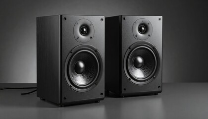Obraz premium Two black speakers on a dark surface