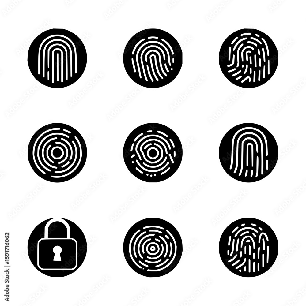 Aufkleber collection of fingerprint identification patterns with varying designs and a padlock on black circle
