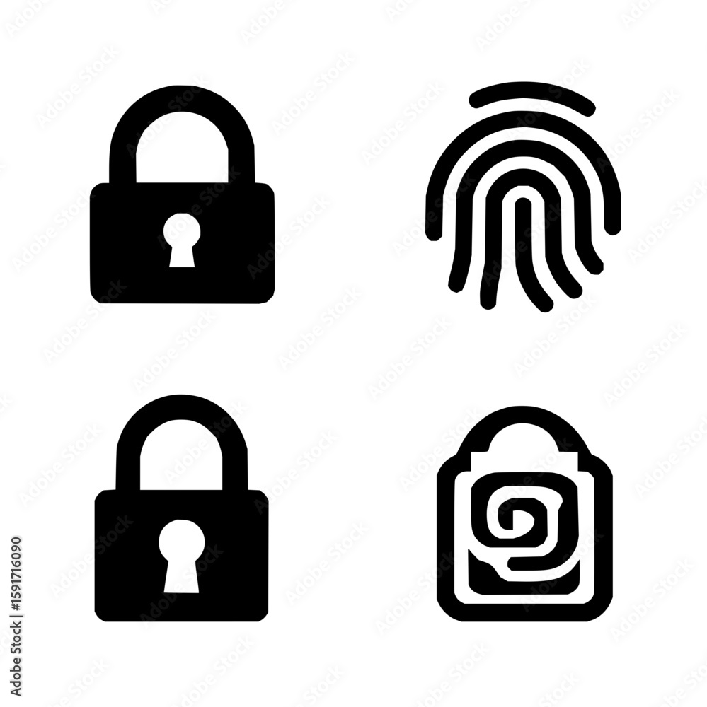 Poster illustration showing two padlocks and two fingerprint icons representing security measures for techn