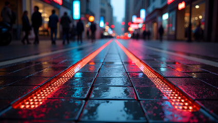 Building Tiled urban ramp surface with embedded LED strips, wet from rain and reflecting city neon glow. (4).jpg
