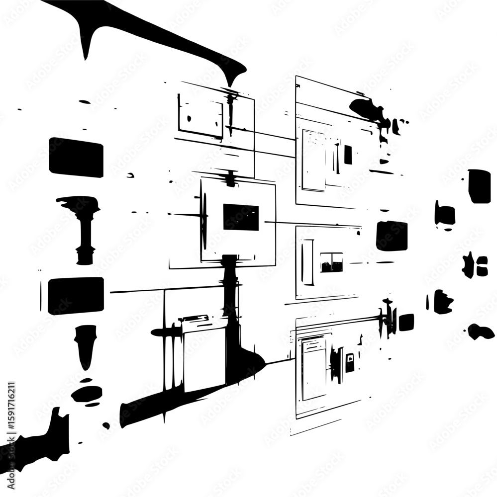 Poster abstract tech layout featuring interconnected squares and rectangles in a monochrome design aestheti
