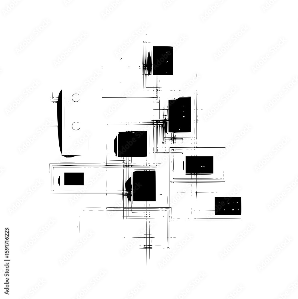 Poster abstract tech layout featuring black rectangles and connecting lines on a white background design st
