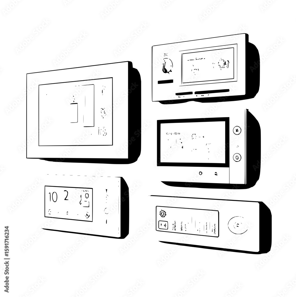 Poster illustration of multiple smart home control panels displaying various interfaces and information scr