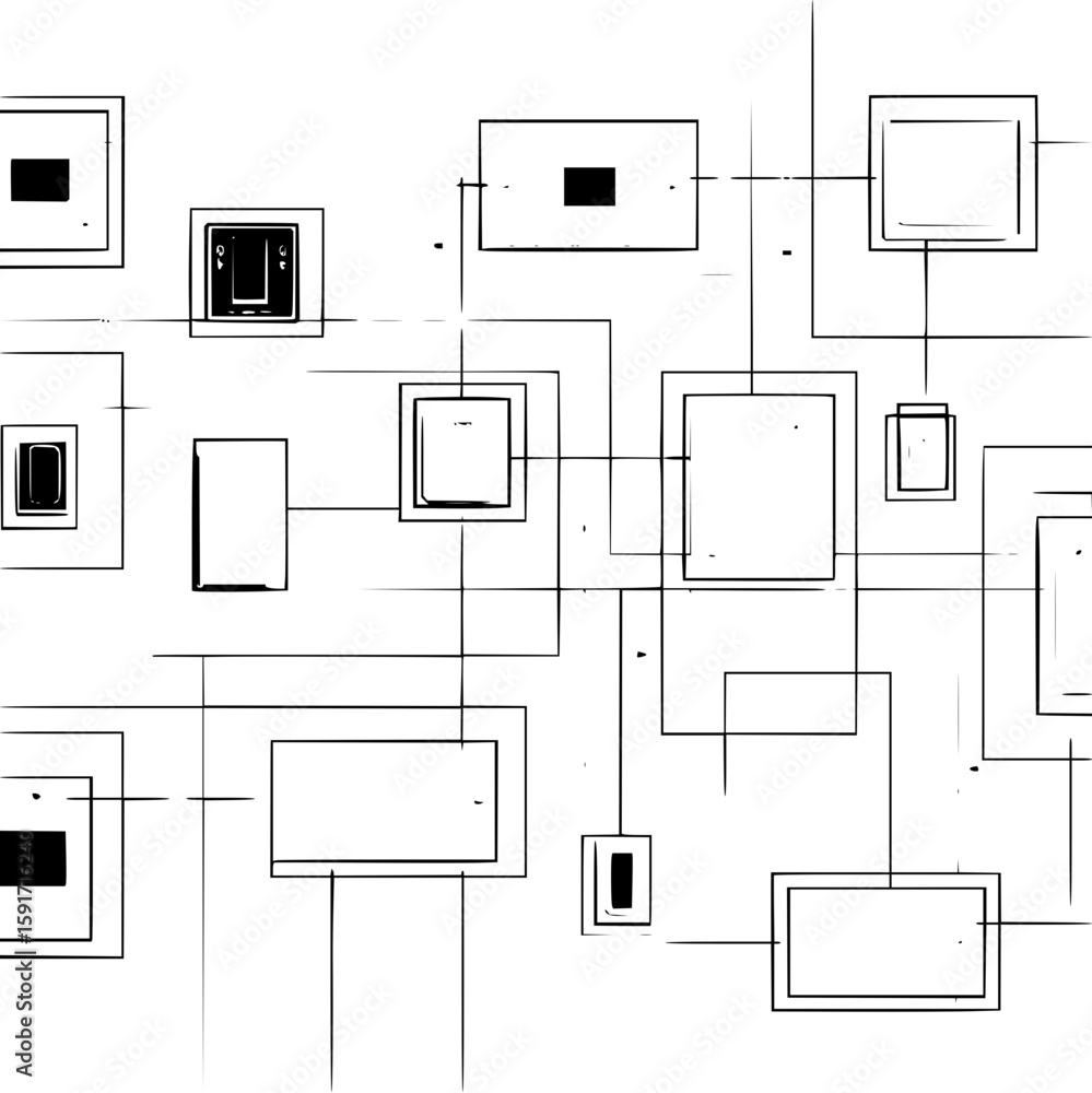 Poster abstract network diagram with interconnected rectangles and squares representing tech infrastructure