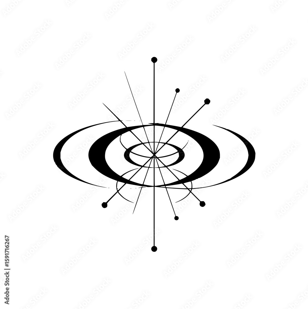 Poster abstract tech design featuring concentric circles and radiating lines with circular endpoints office