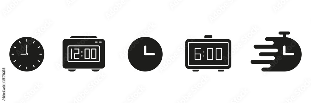 Poster clock and timer solid icon set. time management, alarm, and speed tracking silhouette symbol collect