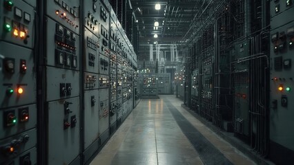 Control room with numerous panels filled with buttons, lights, and switches, depicting a complex industrial or technological operation center