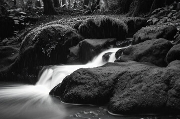 Hidden waterfall in in the rain