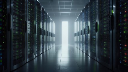 Long corridor in a data center with rows of glowing server racks on both sides, leading to a bright light at the end, symbolizing extensive data storage and processing capabilities
