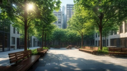 Fototapeta premium Urban park with green trees, benches, and a clear pathway, bathed in sunlight, illustrating a peaceful and pleasant city environment with natural elements