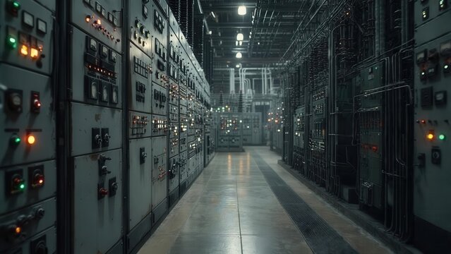 Control room with numerous panels filled with buttons, lights, and switches, depicting a complex industrial or technological operation center