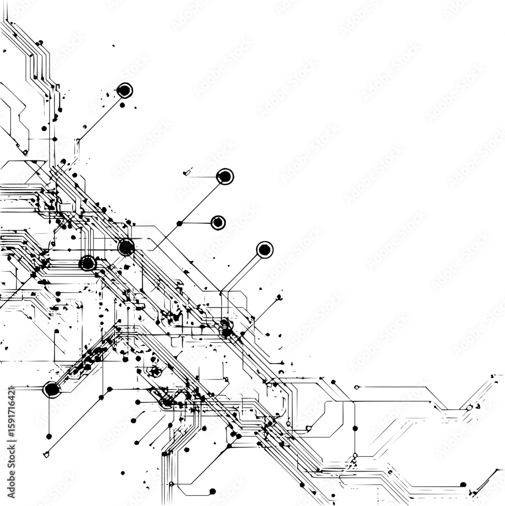 Aufkleber abstract technology design featuring intricate black lines and circles on a white background layout 