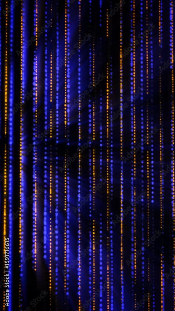 Poster dynamic lines of blue and orange illuminate the dark space, forming an intricate digital display.
