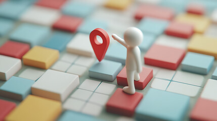Stick figure reaching for a red location pin on colorful square tiles in a conceptual illustration